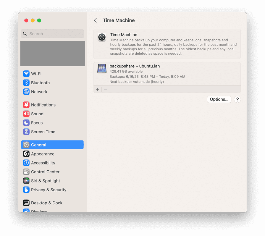 Time Machine Settings Screenshot