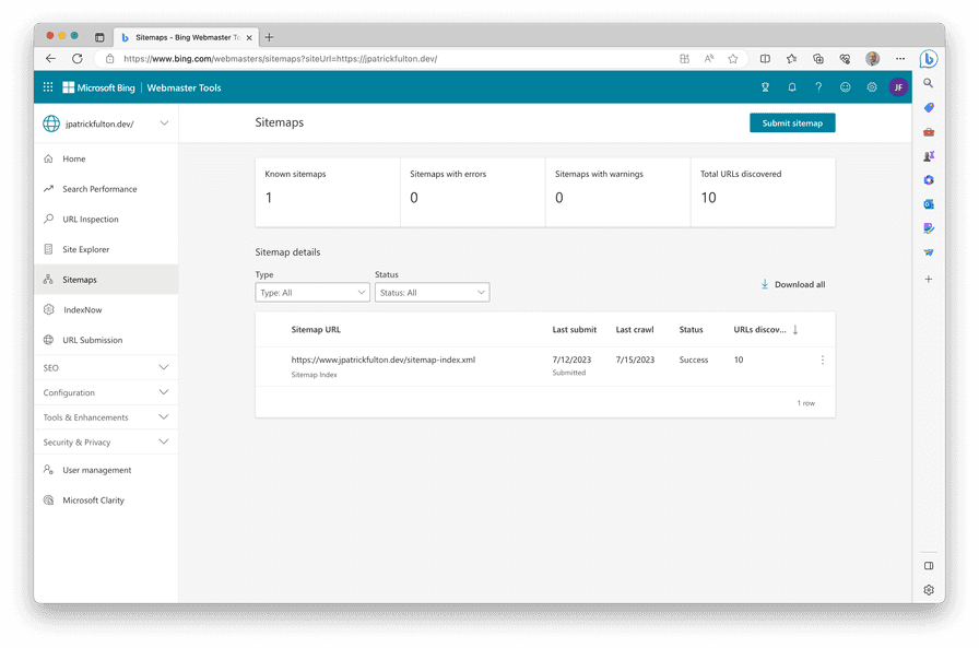 Bing Webmaster Tools Screenshot