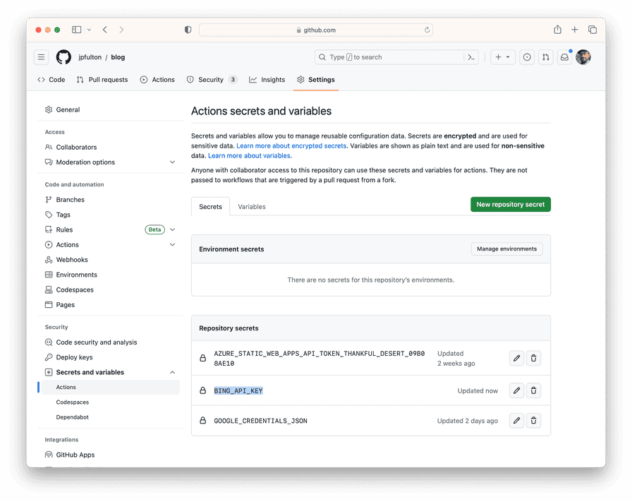 GitHub Secrets Screenshot