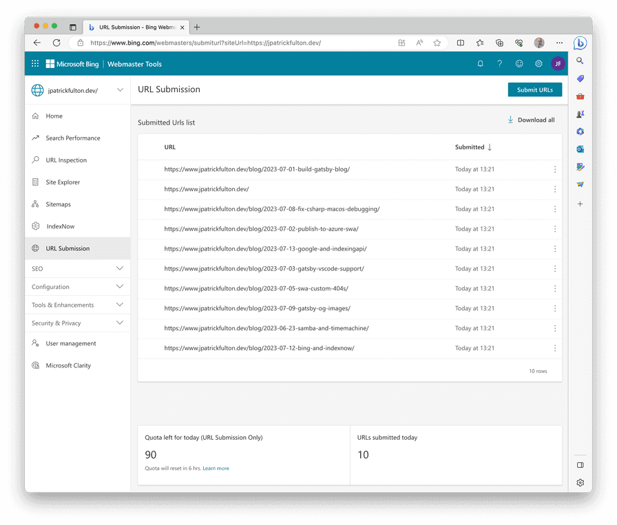 Bing Url Submissions Screenshot