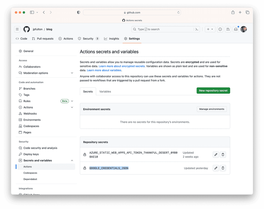 GitHub Secrets Screenshot