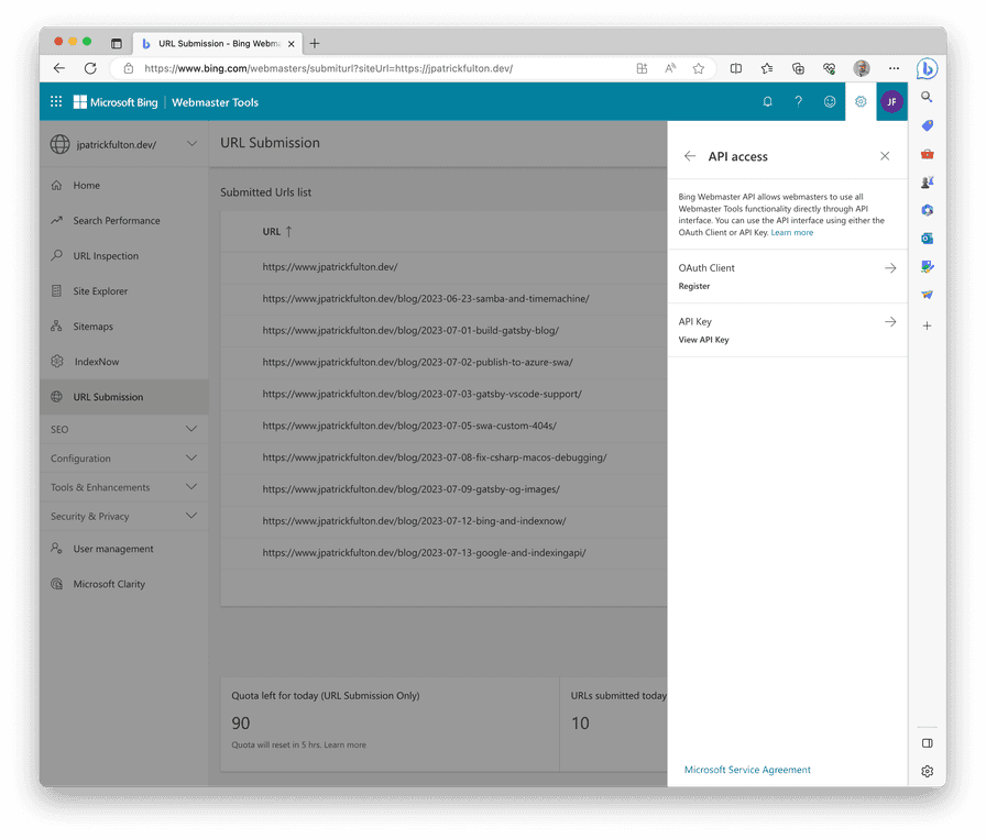 Bing API Access Menu Screenshot